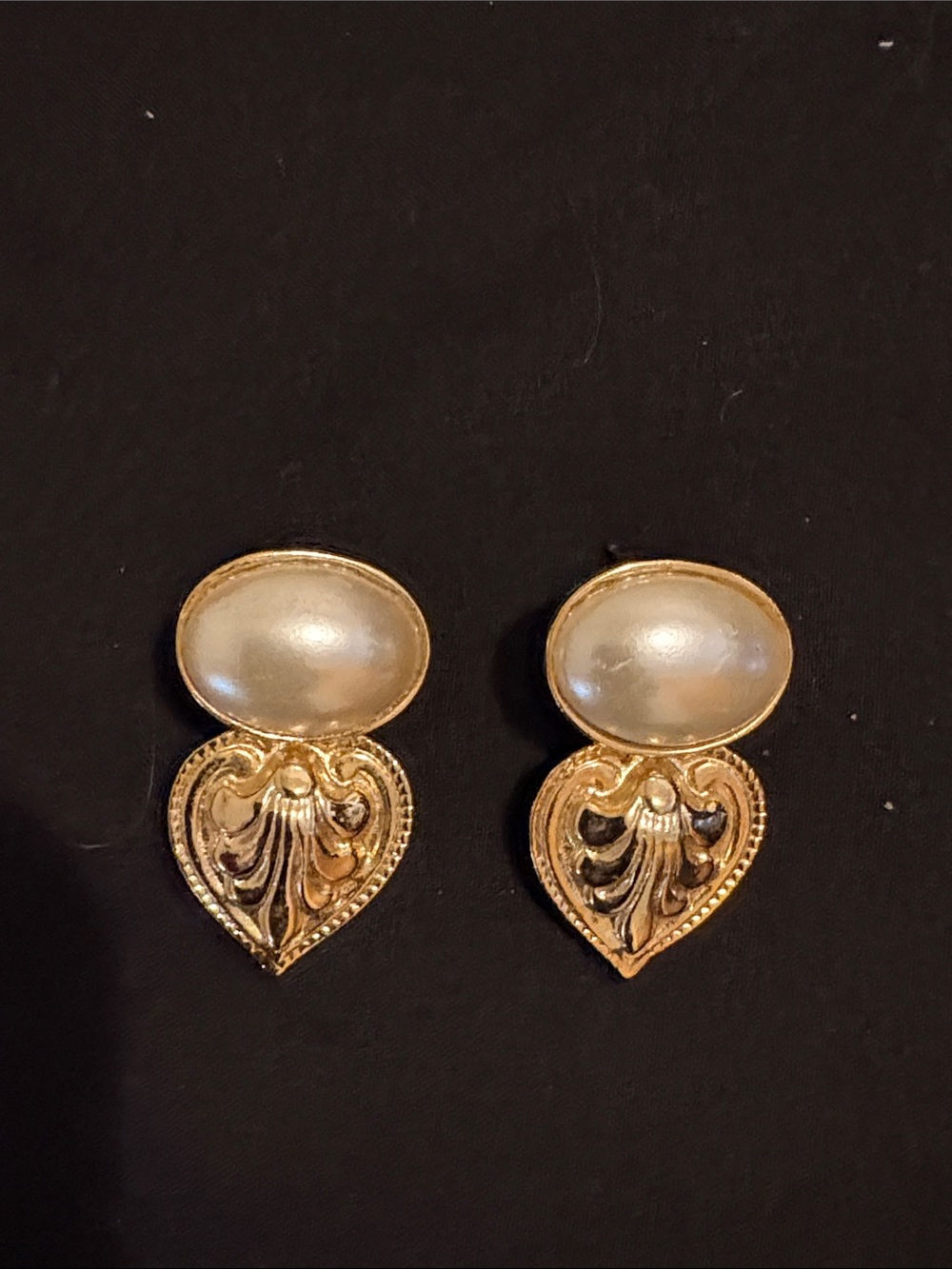 Gold-Tone Heart Drop Earrings with Pearl Cabochons